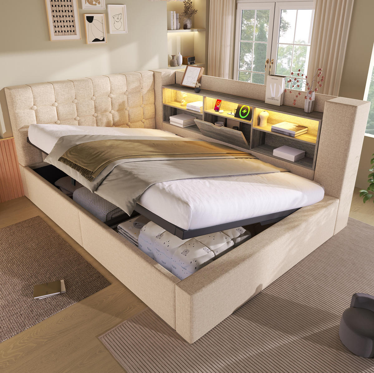 POLSTERBETT mit Stauraum 140x190 cm Beige mit LED und Ladeanschlüssen - Beige, Metall (140/190cm) - Meubliv