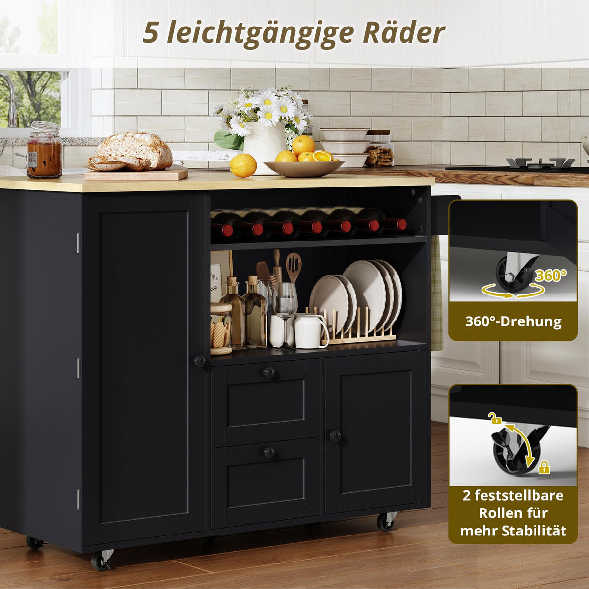 KÜCHENINSEL 104/45/89 cm Natur + Schwarz mit klappbarer Arbeitsplatte, 2 Schubladen und integriertem Weinregal - Schwarz, Holz/Holzwerkstoff (69/89/104cm) - Oxeza