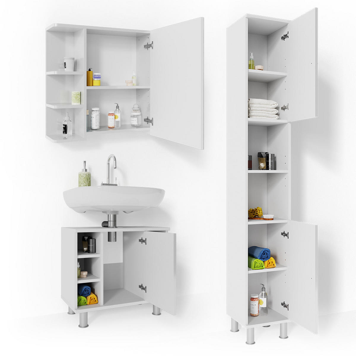 BADMÖBEL-SET Fynn Weiß Hochglanz 3 Teile, mit Hochschrank - Weiß Hochglanz/Weiß, Holzwerkstoff (60/54/32cm) - Vicco
