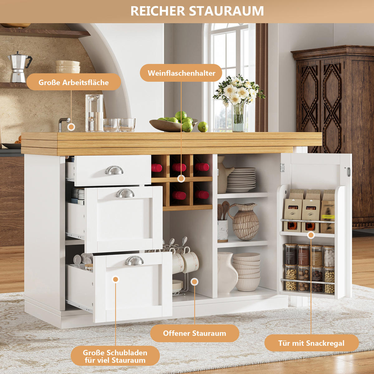 BARTISCH AUSZIEHBAR Stauraum Weinregal Schublade Weiß - Weiß, Holzwerkstoff (120/74/40cm) - FLIEKS