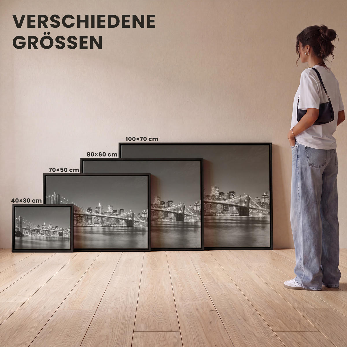 LEINWAND Bilder mit Rahmen - New York - Brücke - Brooklyn - Schwarz und weiß - Architektur - 100x70 - Schwarz, Textil (100/70cm) - MuchoWow
