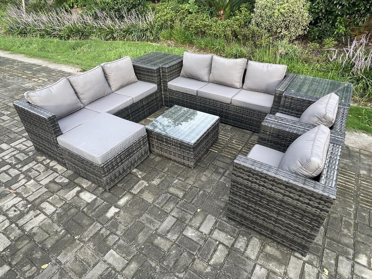 GARTENTISCHGRUPPE Polyrattan 9-Sitzer - Dunkelgrau, Metall - Fimous
