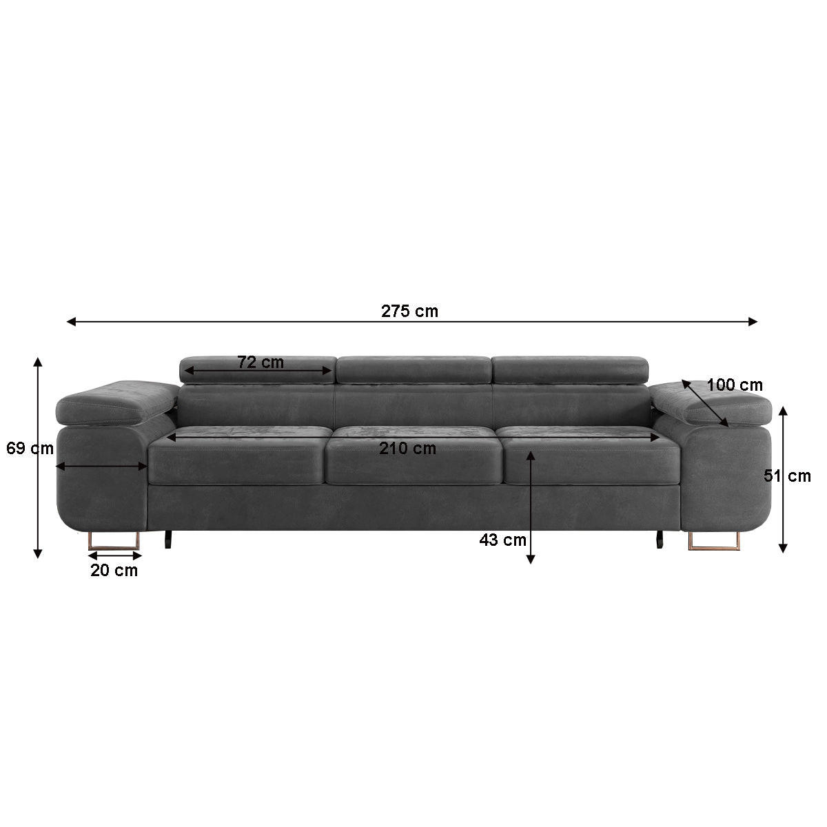 SCHLAFSOFA Lyam 3 Sitzplätze Dunkelgrau - Grau, Textil (275/69/100cm) - Petits-meubles