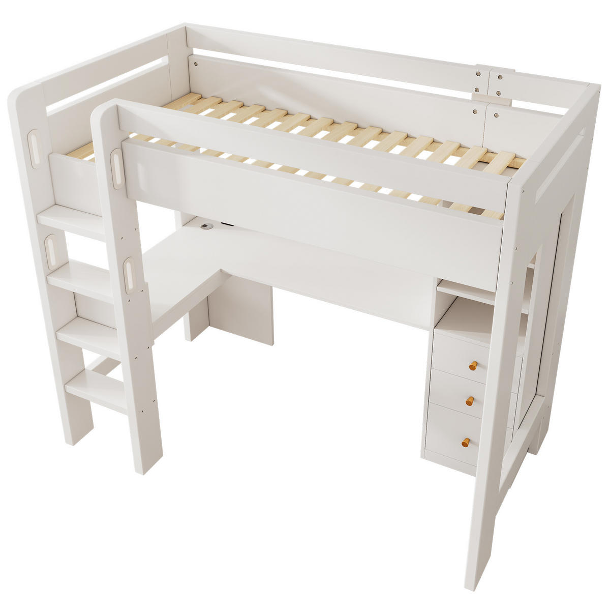 HOCHBETT 90/200 cm mit L-Schreibtisch, Regalen, Schubladen und USB/Type-C-Ladebereich, Weiß - Weiß, Holzwerkstoff (90/200cm) - Redom
