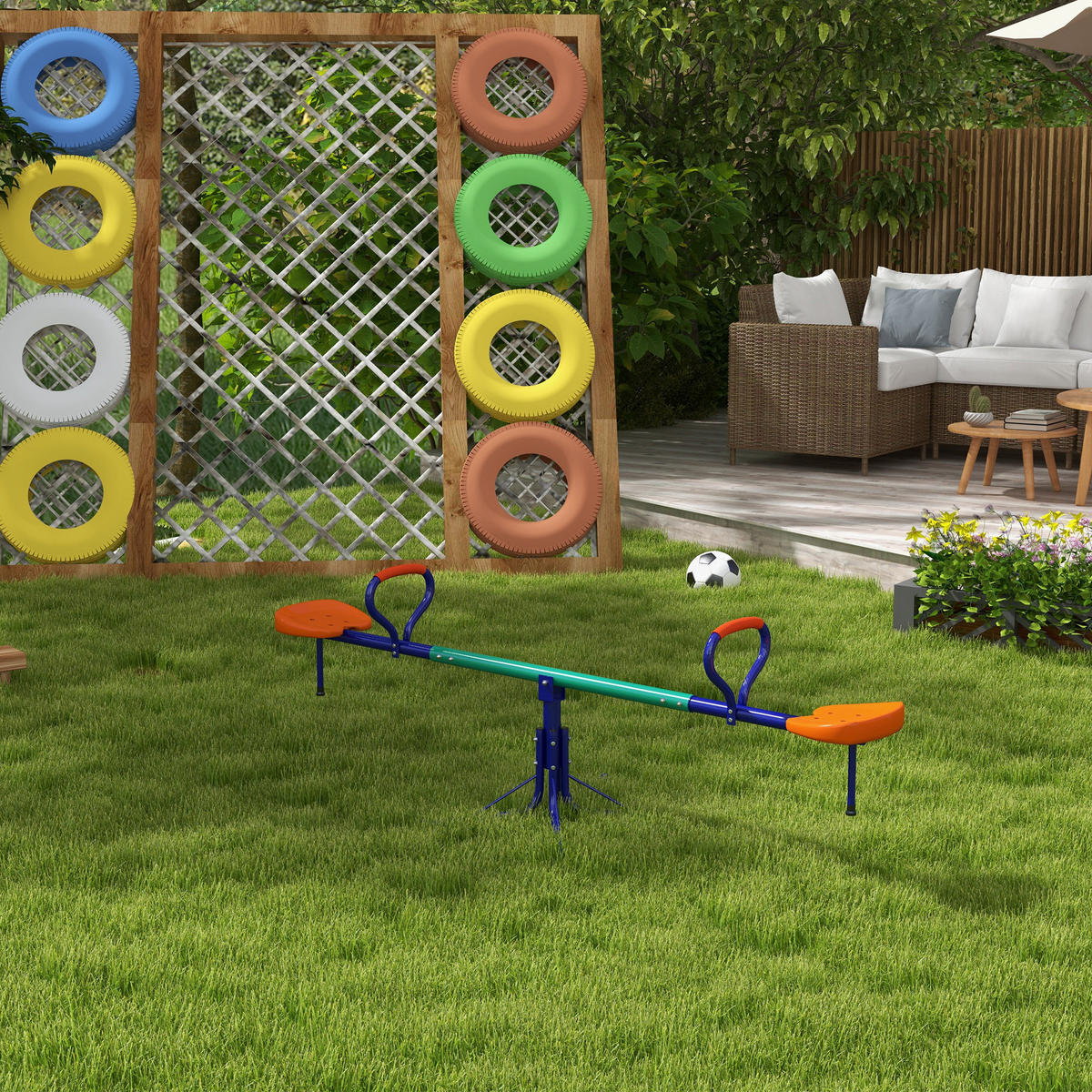 KINDERWIPPE 360° drehbar 2 Sitzer Gartenwippe bis 90kg mit Griffe Dämpfer - Multicolor, Metall (60/192cm) - Outsunny