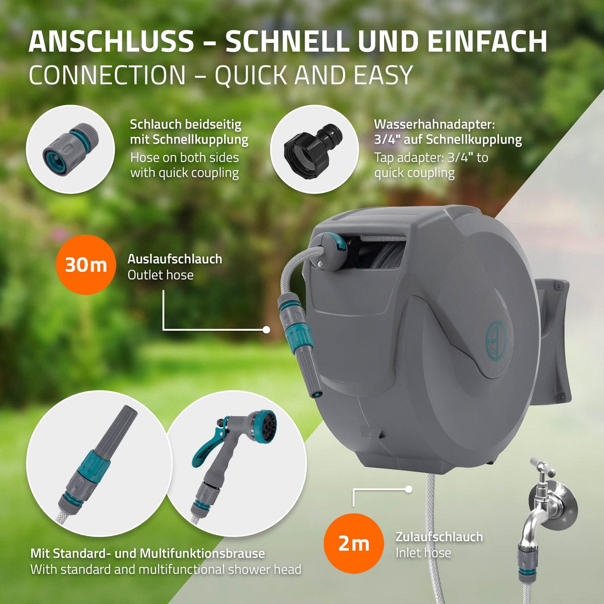 SCHLAUCHAUFROLLER 30m - Grau, Kunststoff (21/43/60.5cm) - ECD-Germany