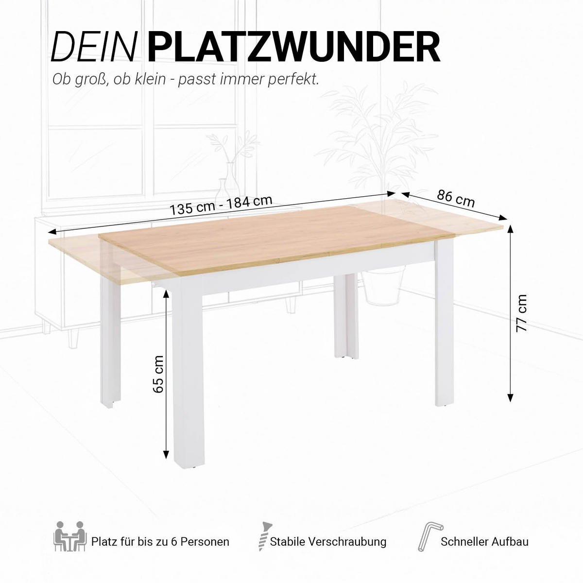 ESSTISCH Weiß in Naturholz135x86 cm ausziehbar - Weiß/Naturfarben, Holzwerkstoff (135/86/77cm) - Homestyle4u