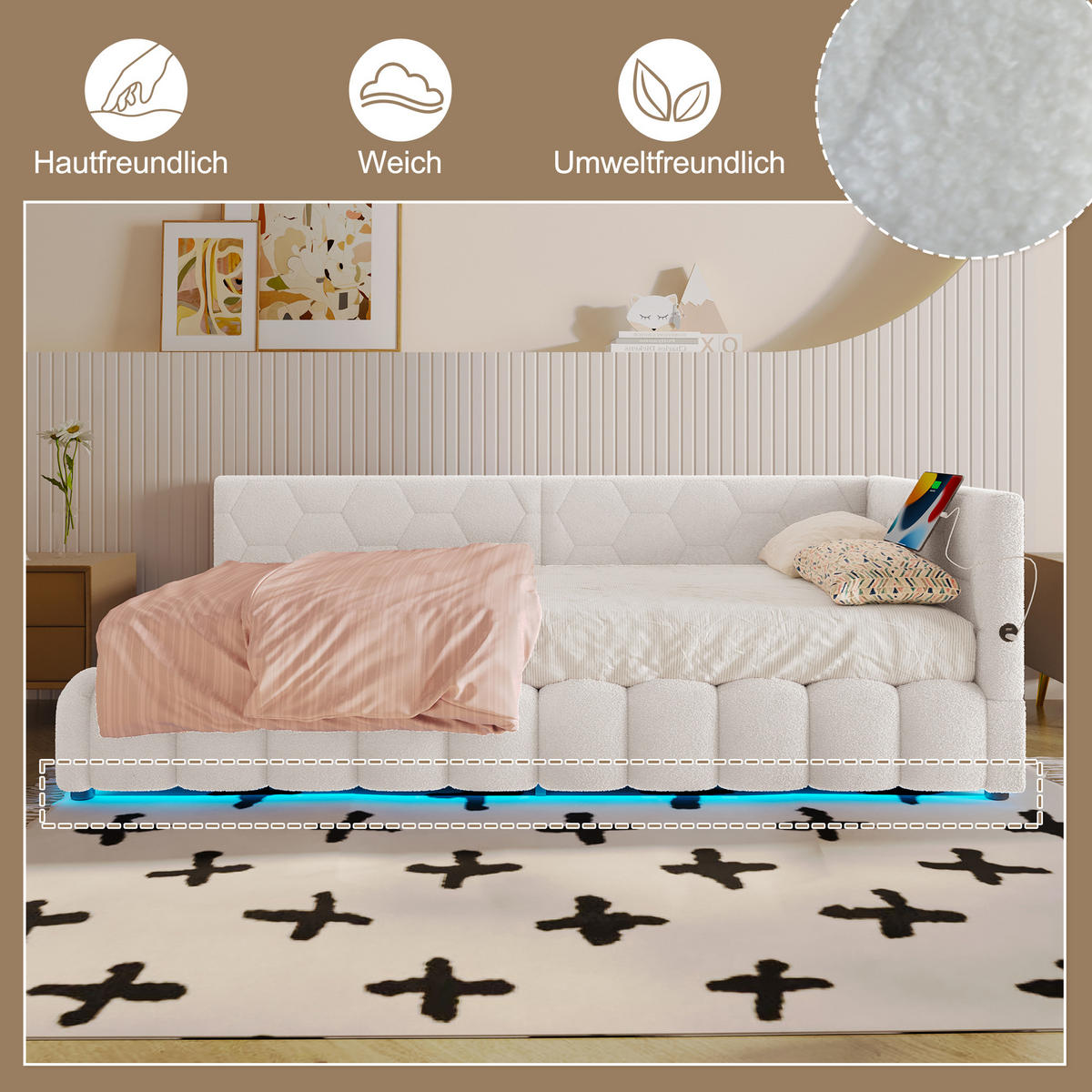 POLSTERBETT 90/200 cm mit LED-Beleuchtung und USB-Anschluss Vliesimitat Weiß - Weiß, Textil (90/200cm) - OKWISH