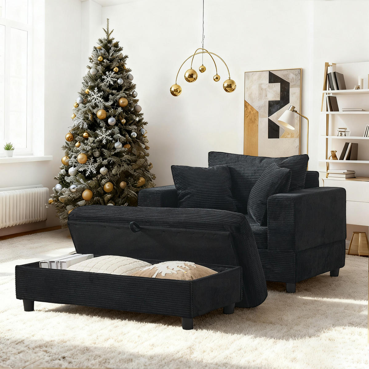 SOFA Cord Schwarz mit Stauraum und mit Kissen - Schwarz, Holzwerkstoff/Kunststoff (137.5/89/81cm) - WISHDOR