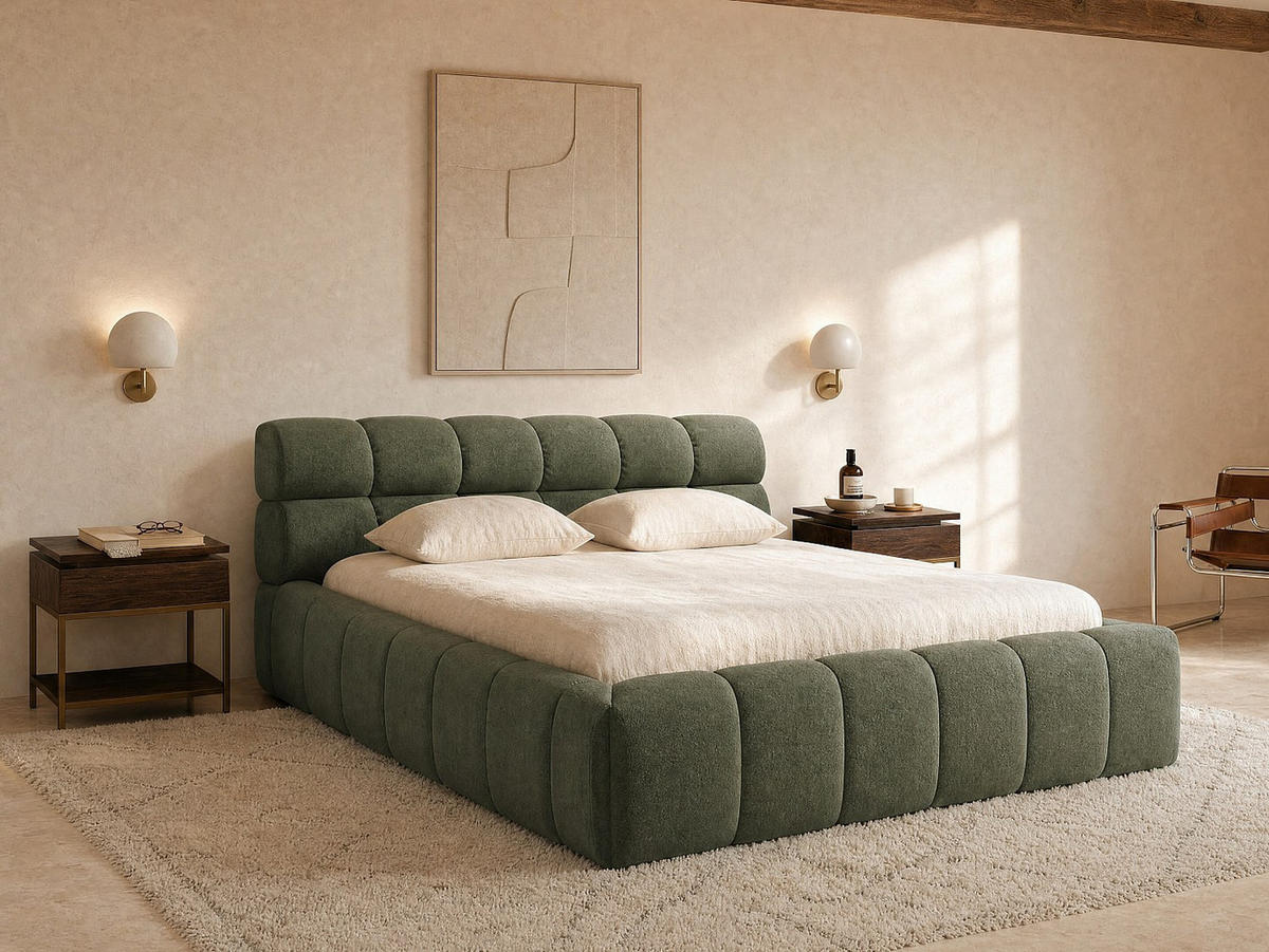 BETT mit Bettkasten - 2 Personen - Stoff - Grün - - Grün, Textil (160/200cm) - Vente-Unique