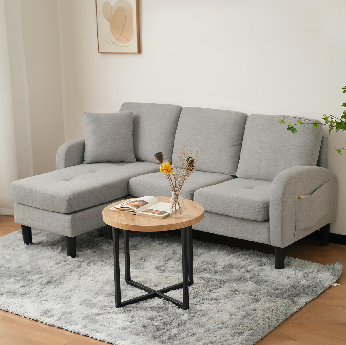 ECKSOFA Baumwoll-Leinen Bezug modular mit Chaiselongue Grau 166/118/77 cm - Grau, Textil (166/118cm) - Redom