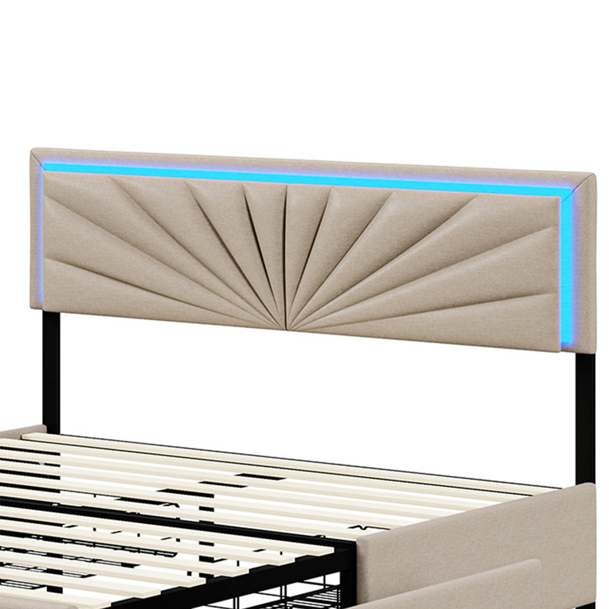 POLSTERBETT 160x200 cm mit Stauraum, Doppelbett 160 x 200 mit LED-Beleuchtung, 4 Schubladen, Lattenrost, beige Leinenstoff - Beige, Holz/Holzwerkstoff (160/200cm) - GENKI LIVING