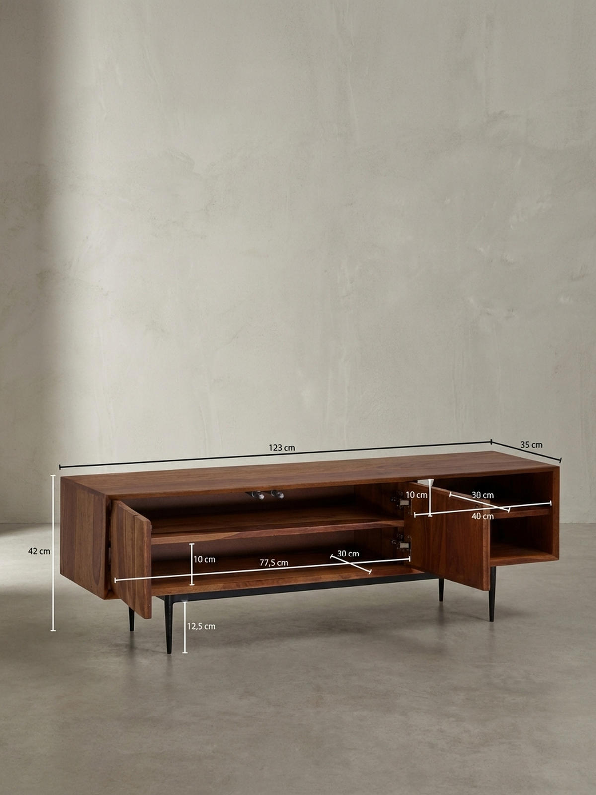 LOWBOARD Massivholz Modern Stil für 55-Zoll Fernseher Push-to-Open mit Edelstahlbeinen - Schwarz/Braun, Holz/Metall (123/42/35cm) - KADIMA DESIGN