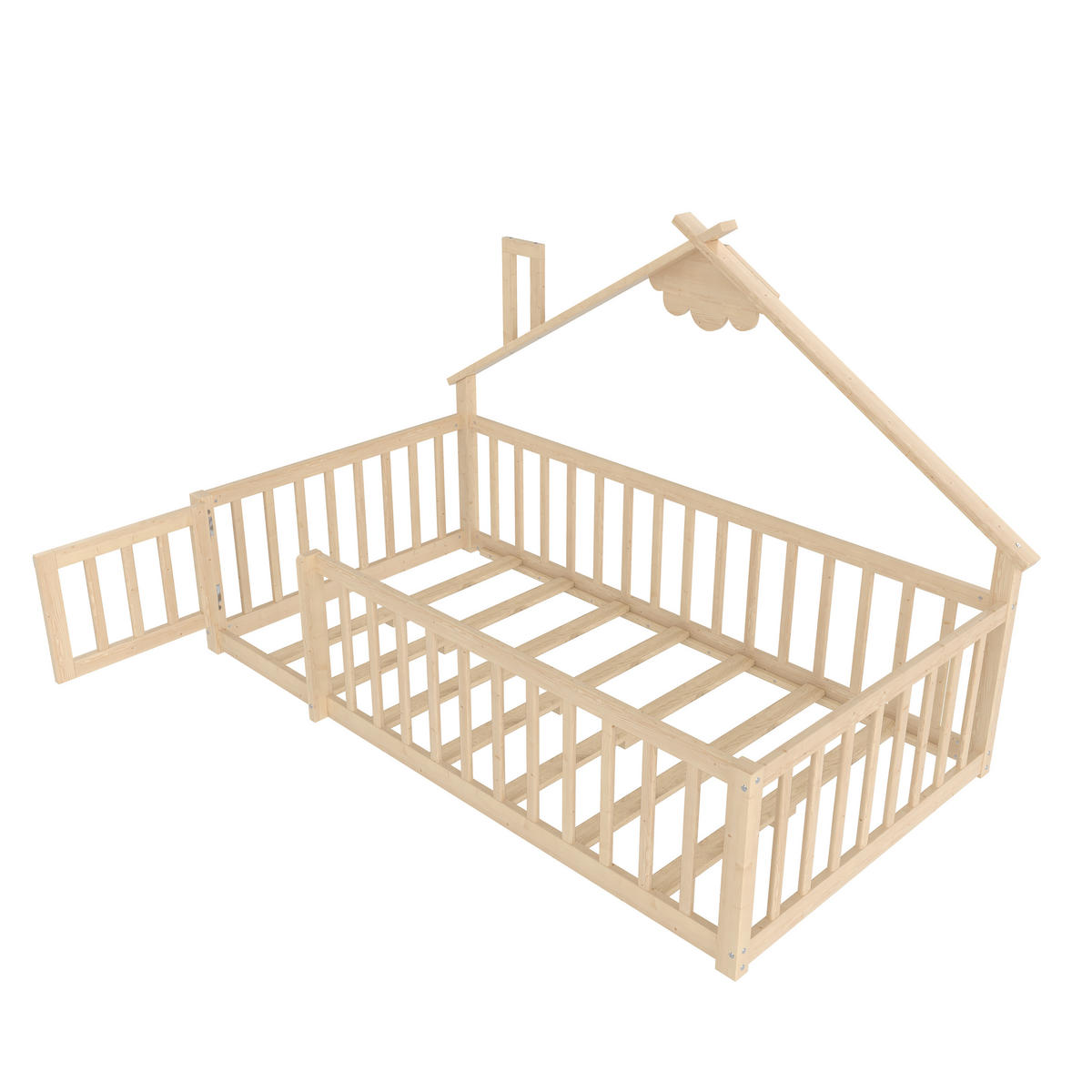 KINDERBETT 90/190 cm in Natur Hausform mit Geländer und Schloss Kiefernholz - Naturfarben, Holz/Holzwerkstoff (90/190cm) - CHICFURN