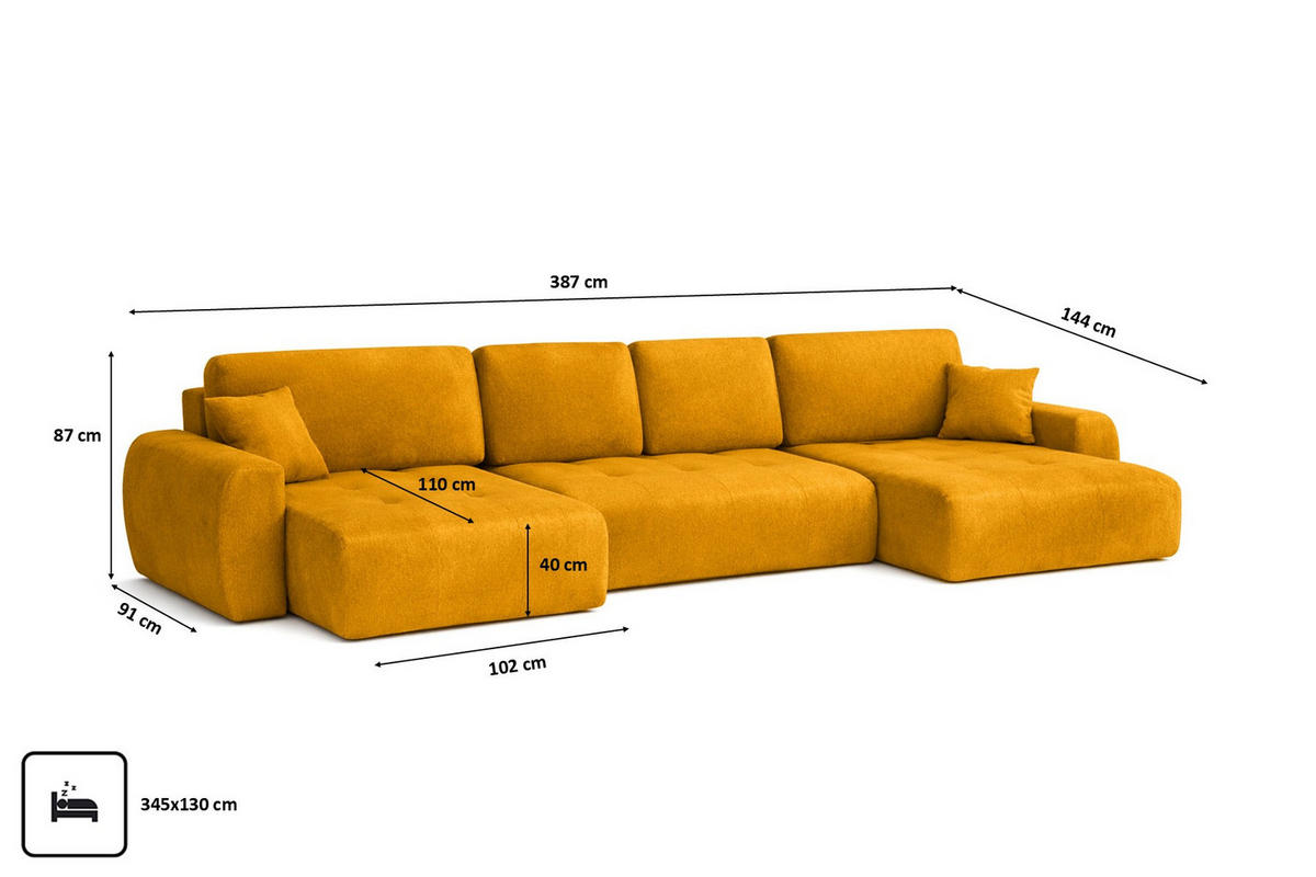 ECKSOFA Mit Schlaffunktion Und Bettkasten U-Form Ivo U XL, Veloursstoff Salvador, Gelb - Gelb, Holz (387/144cm) - Kaiser Möbel