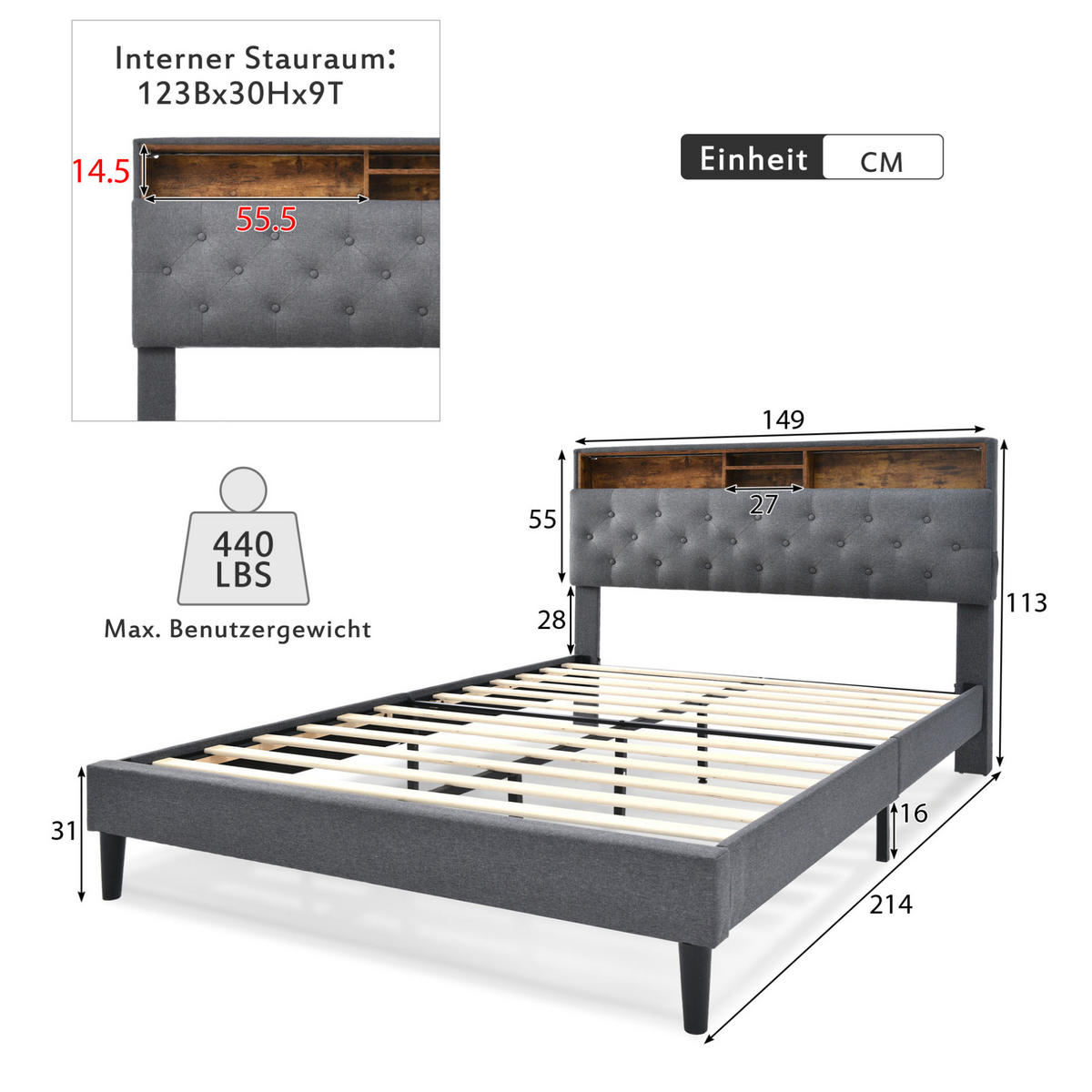 POLSTERBETT 140/200 cm Grau aus Massivholz mit Stauraum-Kopfteil und LED-Beleuchtung - Grau, Holz (140/200cm) - OKMYHOME