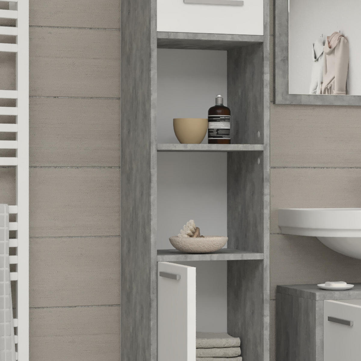 BADSCHRANK Kiko Beton 30 x 190 cm - Weiß/Grau, Holzwerkstoff (30/190/30cm) - Vicco