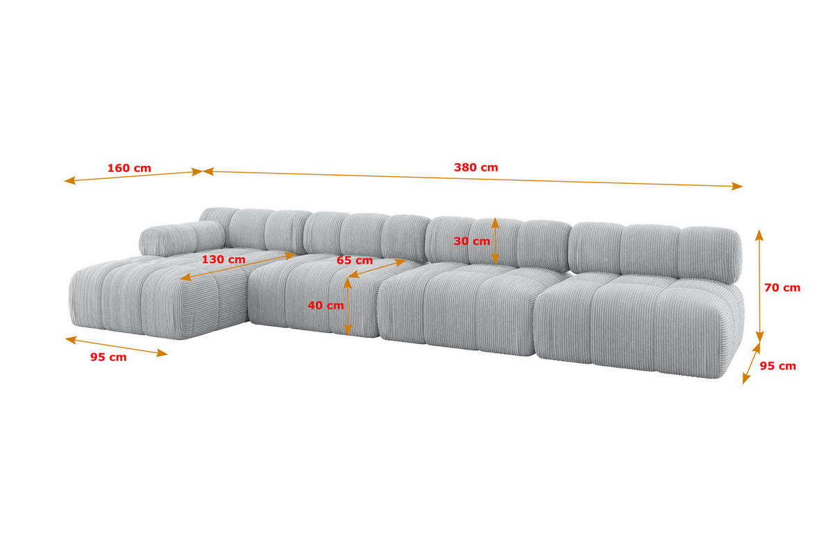 ECKSOFA modulares Sofa Razon-L3 - 380x160x70 cm Grau Cord - Grau, Holzwerkstoff/Textil (380/160cm) - ALTDECOR