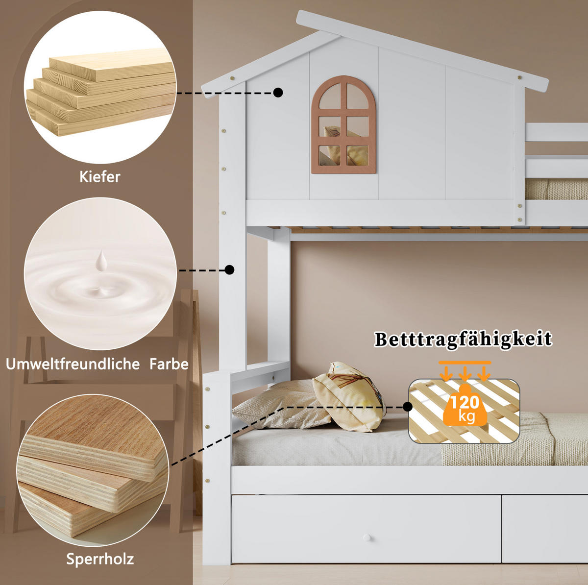 ETAGENBETT 90/200 & 120/200 cm Weiß mit Rutsche und 2 Schubladen - Weiß, Holz (90/200cm) - Flora Grace