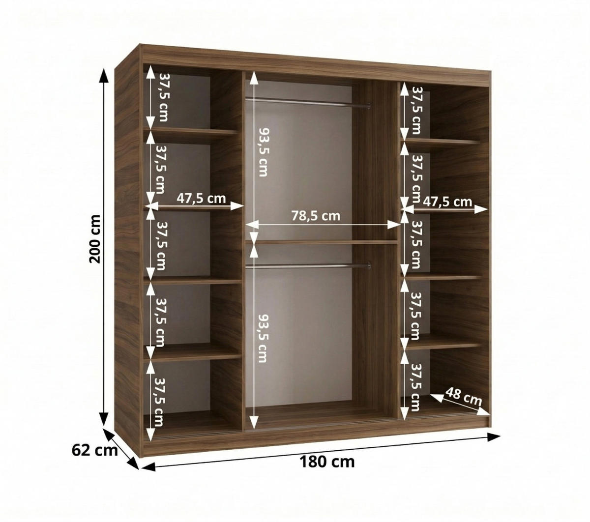 SCHIEBETÜRENSCHRANK mit Spiegel LUCY 200/180/62 2-türig - Silberfarben/Walnussfarben, Holz (180/62/180cm) - MÖBEL KRYSPOL