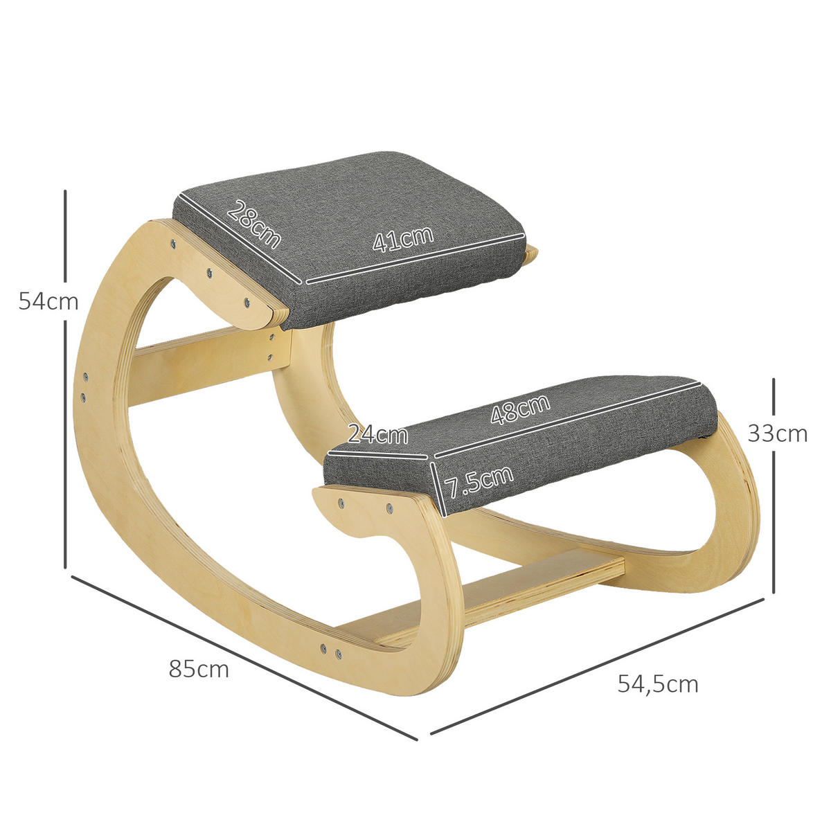 STUHL 54,5/85/54 cm, ergonomischer Kniestuhl, schaukelnd, Birkenholz, Grau - Grau, Holz (85/54/54.5cm) - Redom