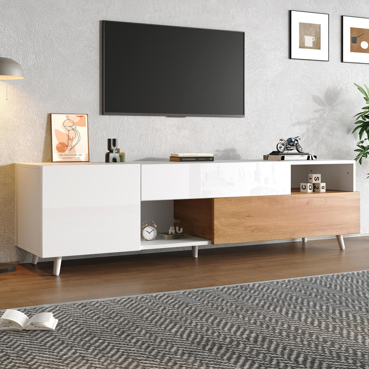 FERNSEHSCHRANK aus Spanplatte 180x38x50 cm Weiß/Naturfarben mit Hochglanzfront, 1 Schublade und 7 Fächern - Hellbraun, Holzwerkstoff (180/50/38cm) - Modfu