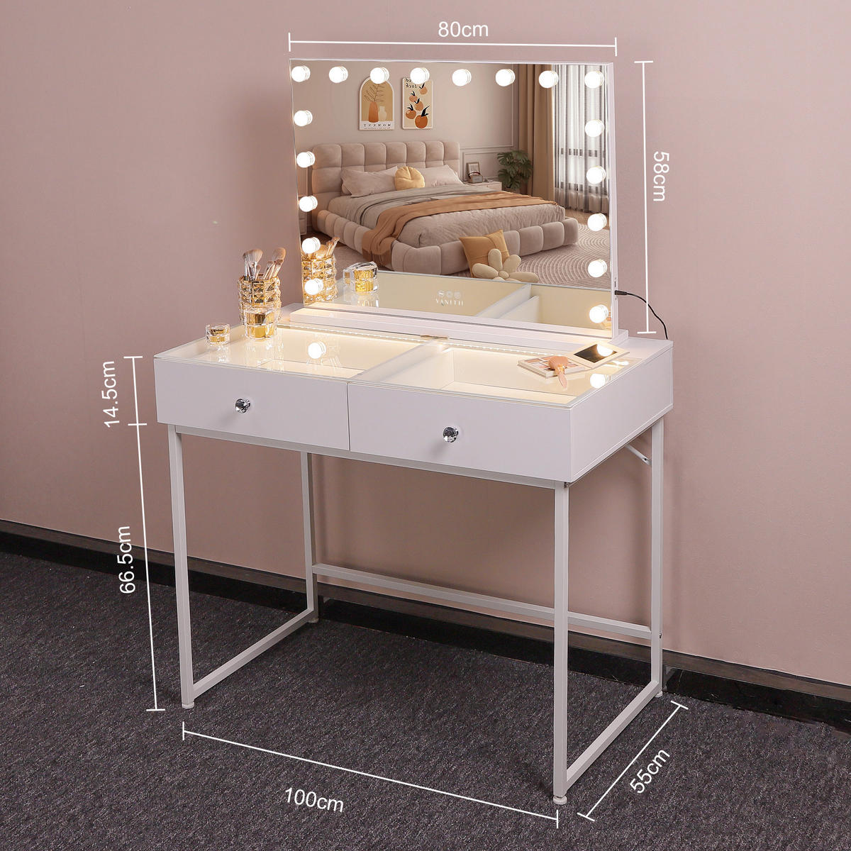 SCHMINKTISCH mit 2 Schubladen 100/55/81 CM und LED Beleuchtung Schminkspiegel Lichtleiste weiß 80/58 cm - Weiß, Holz (55/81/100cm) - VANITII