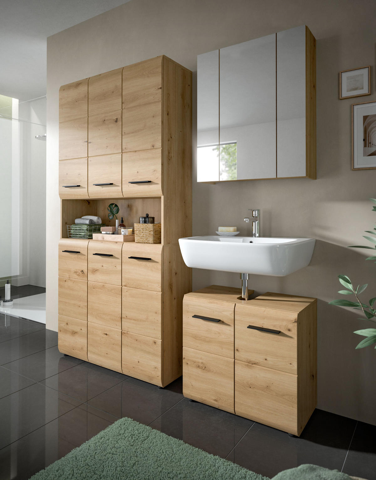 BADEZIMMERSCHRÄNKE Eiche Artisan, 2x Mehrzweckschrank 180 cm, viel Stauraum, Cover - Schwarz/Eiche Artisan, Holzwerkstoff/Kunststoff (180/185/30cm) - Inn.Furn