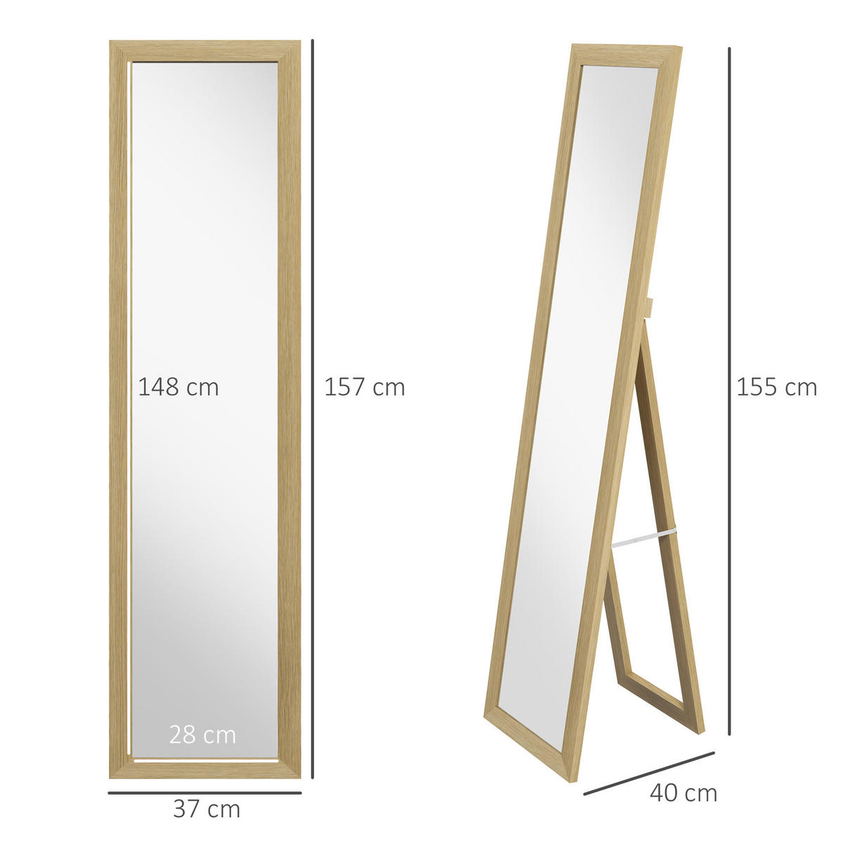 STANDSPIEGEL mit Ständer, freistehend, für Schlafzimmer, Flur, Alu, Eiche - Naturfarben, Glas (40/155/37cm) - HOMCOM
