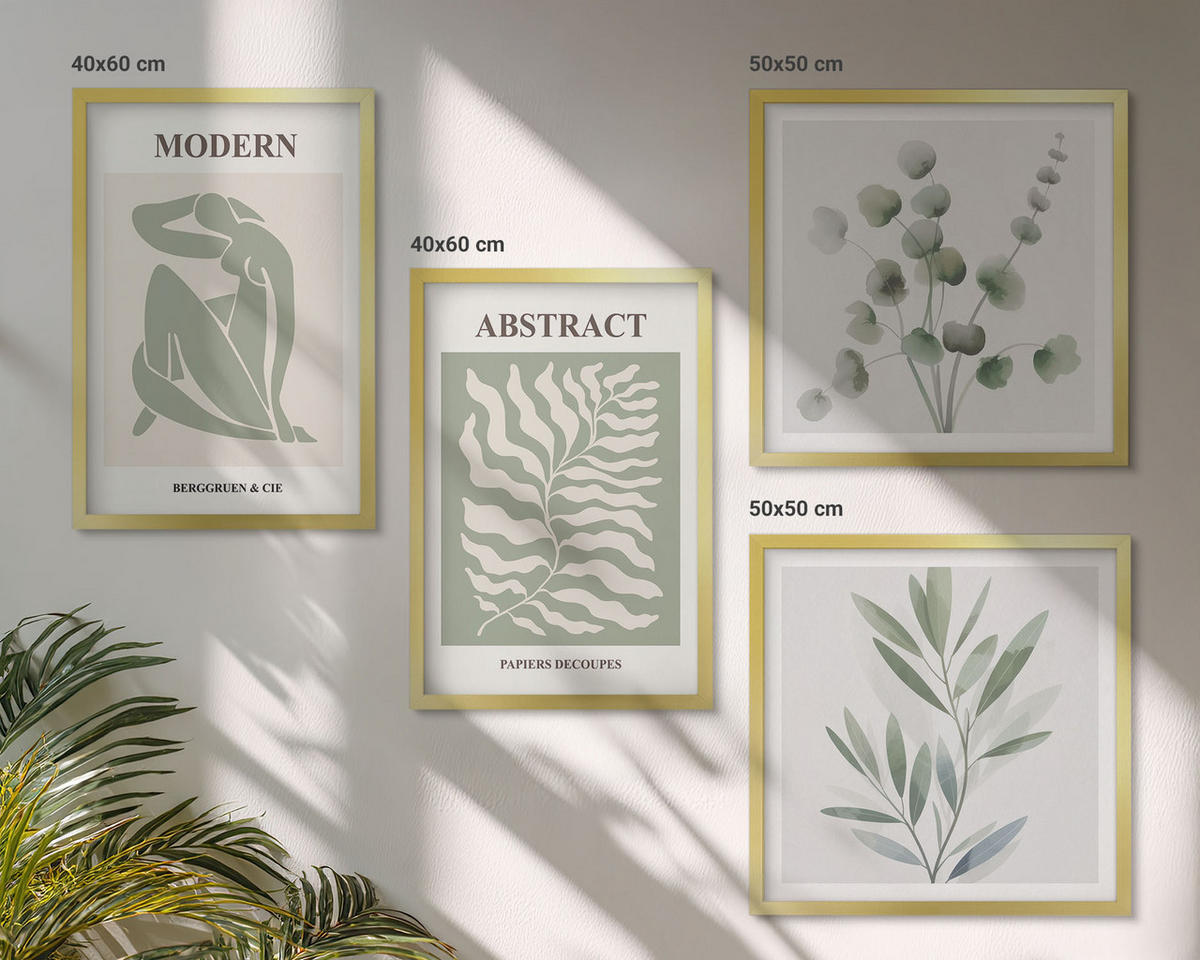 BILDER SET 4er Set - 50x50 cm & 40x60 cm Goldrahmen - Matisse entwirft Boho-Pflanzen - Goldfarben, Kunststoff (50/50cm) - TULUP
