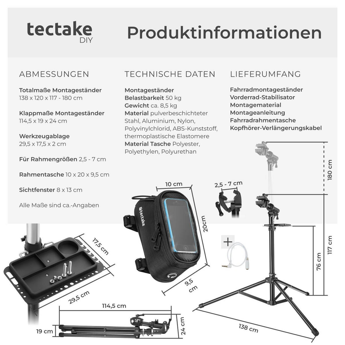 REPARATURSTÄNDER mit Rahmentasche ,wasserabweisende Rahmentasche mit Klettverschluss sowie Handyfach mit Touch-Sichtfenster,schwarz - Schwarz, Metall (120/180/138cm) - tectake