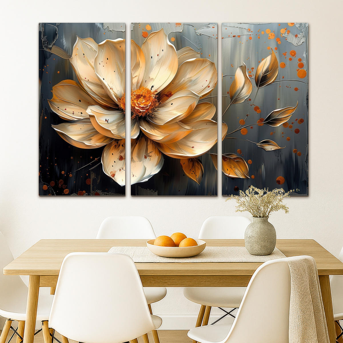 LEINWANDBILD 3er Set Blume - Gold - Abstrakt - Farbe 120x80 cm - Creme, Textil (120/80cm) - MuchoWow