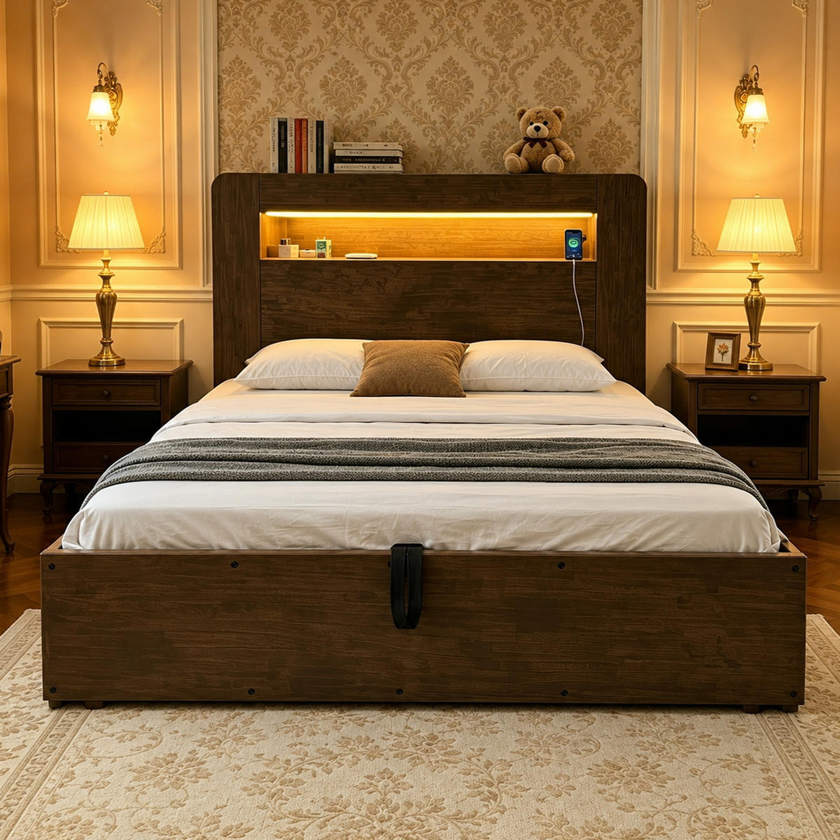 BETTGESTELL 140x200cm Holz LED Kopfteil Stauraum Steckdose - Naturfarben, Holz (140/200cm) - FLIEKS