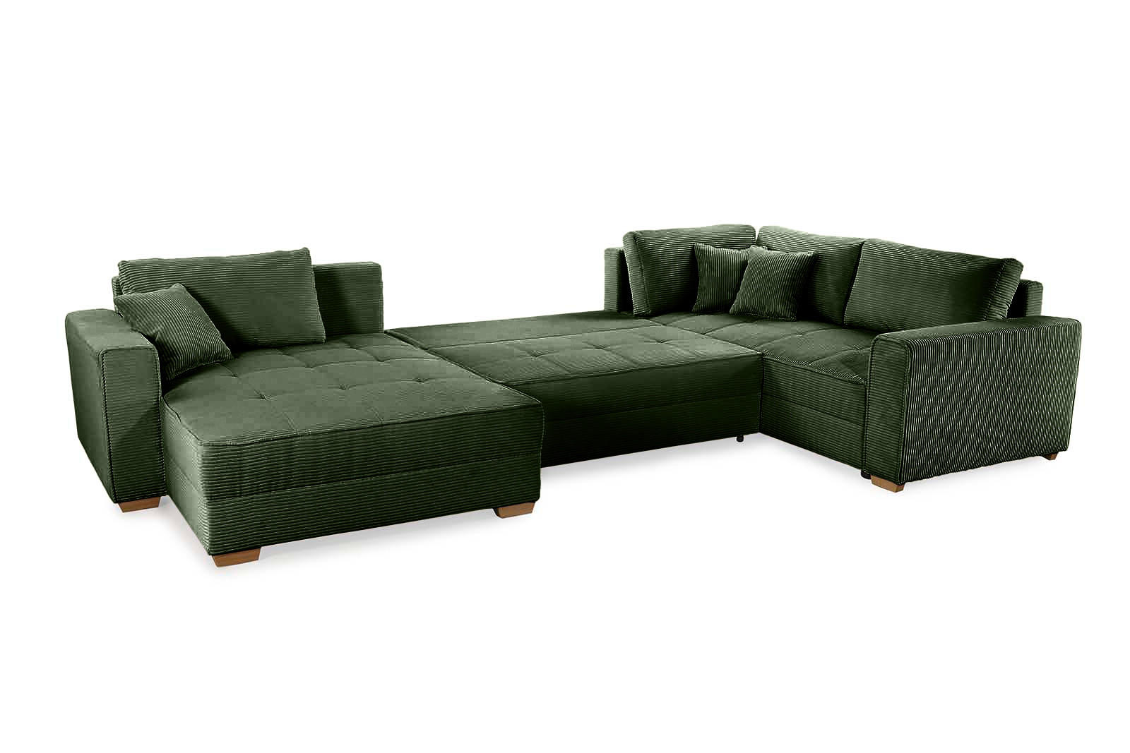 WOHNLANDSCHAFT Schlaffunktion Bettkasten Wellenunterfederung, spiegelverkehrt montierbar U-Form B379/T227/H86 cm, Cord Grün / 15199 - Eichefarben/Grün, Holz/Textil (379/86/227cm) - luma-home