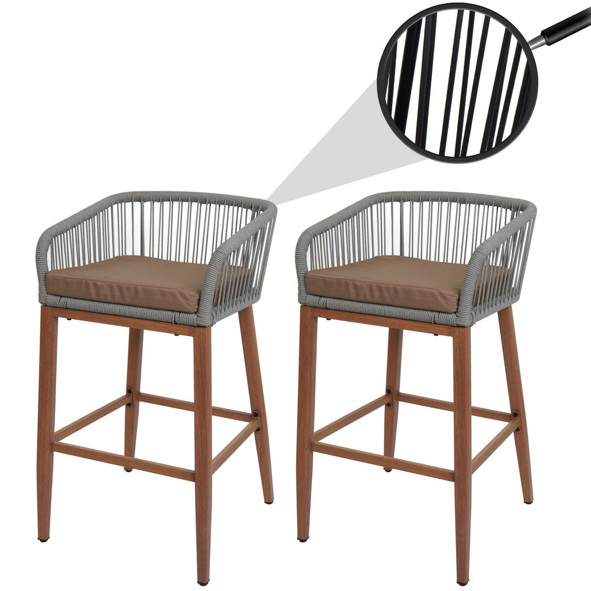 GARTENSTUHL 2er-Set HxBxT 92x51x53cm Sitzhöhe 76cm Hellgrau Kissen Taupe Seilgeflecht Metall Holz-Optik - Hellgrau, Metall (51/92/53cm) - PROREGAL