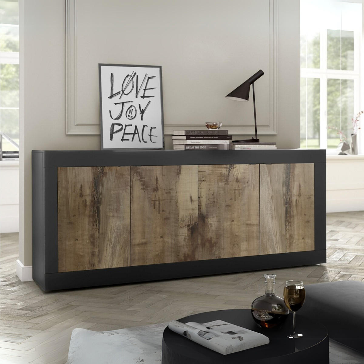 SIDEBOARD 4 Türen Initial - L207 cm - Schwarz, Holzwerkstoff (43/86/207cm) - Calicosy