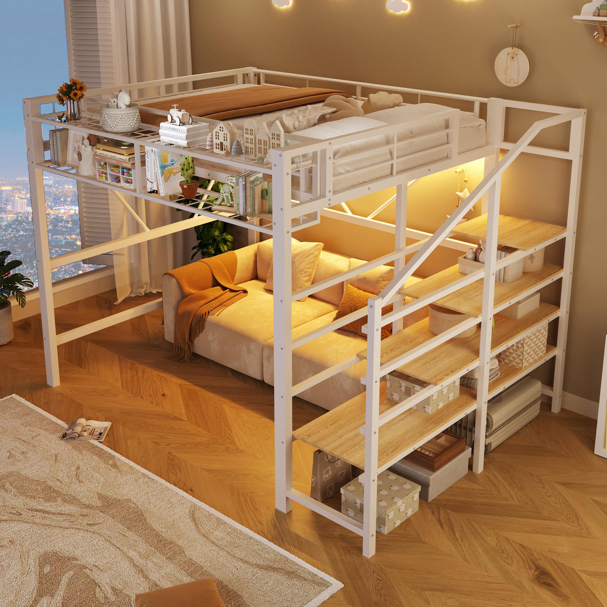 HOCHBETT 140/200 cm in Weiß mit Stufenregal, LED und Aufbewahrungskorb - Weiß, Holzwerkstoff/Metall (140/200cm) - WISHDOR