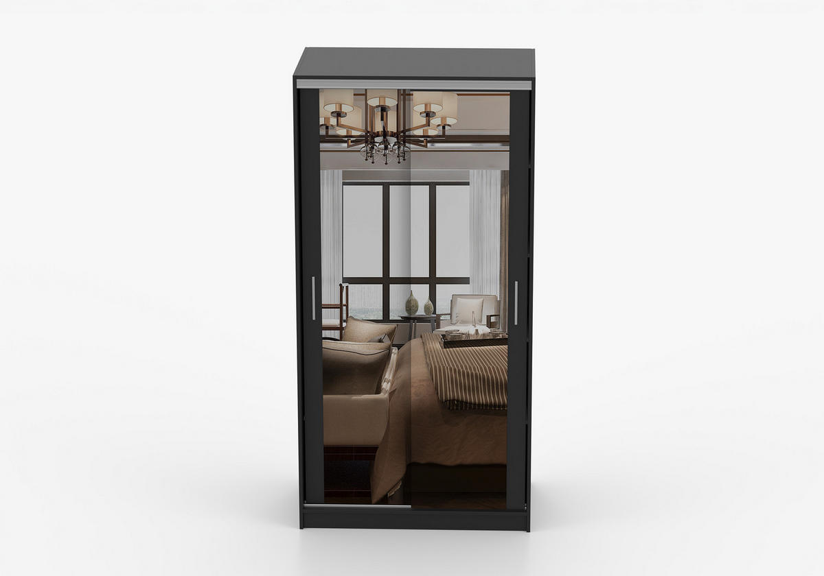 SCHWEBETÜRENSCHRANK TOKYO M 100/201/58 cm 2-türig Schwarz/Schwarz + Spiegel - Schwarz/Alufarben, Holzwerkstoff/Kunststoff (100/201/58cm) - imoebel24