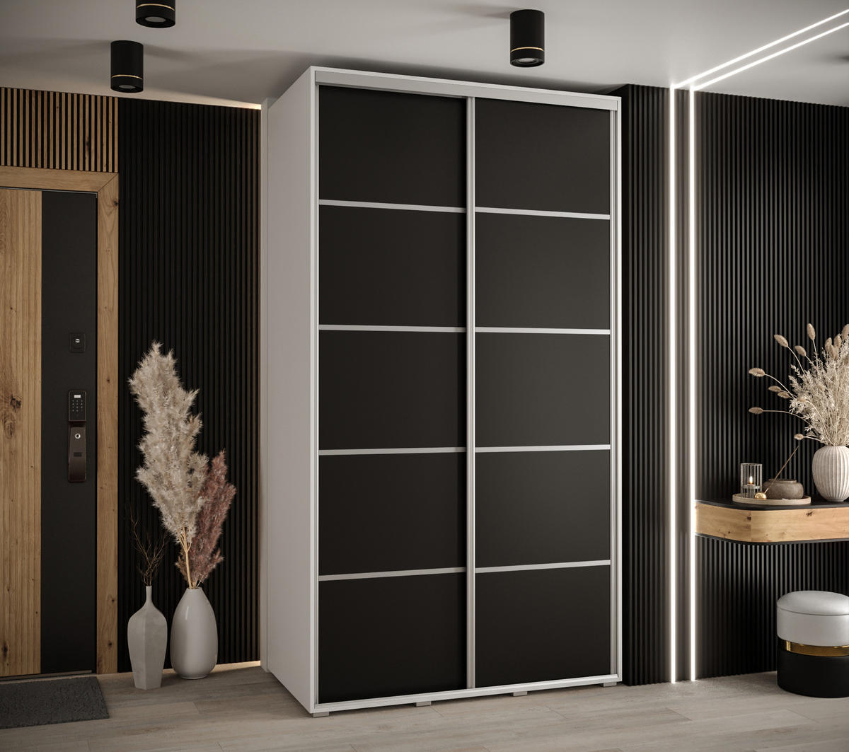 SCHWEBETÜRENSCHRANK 235,2/130/45 2-türig - Silberfarben/Schwarz, Holz/Metall (130/235/45cm) - Abiks Möbel