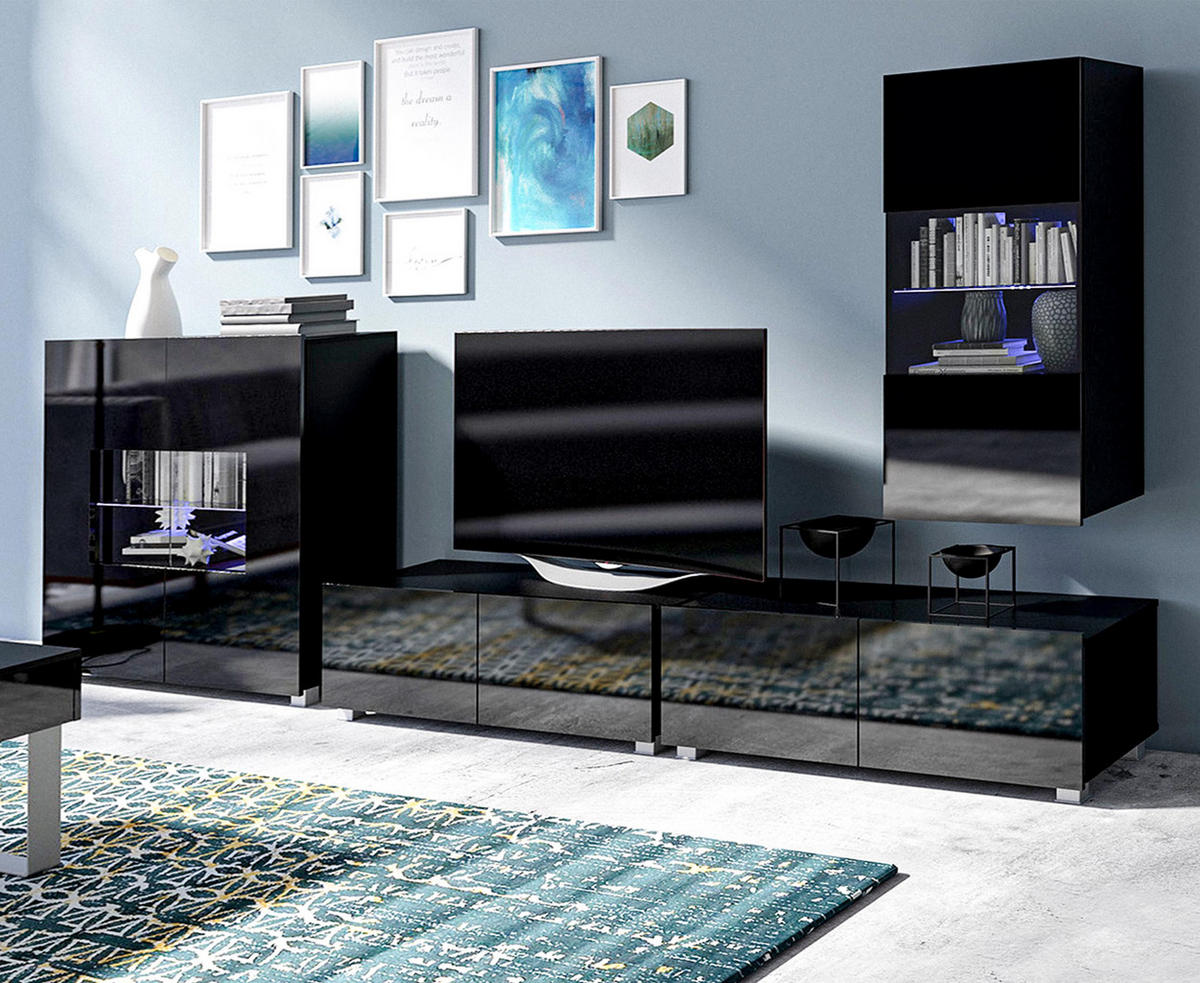 WOHNWAND Kossana 17 Modern Schwarz 300/155/43 cm Modern Style - Schwarz, Holzwerkstoff/Kunststoff (300/155/43cm) - AX Living