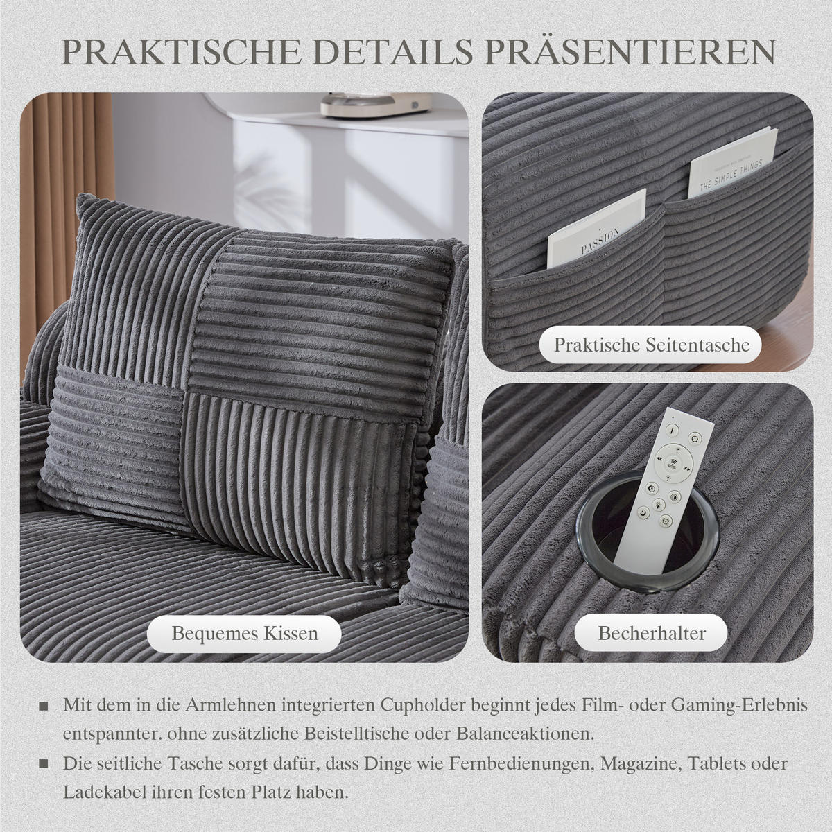 3-SITZER Wohnlandschaft Cord mit Getränkehalter und Seitentasche 268/174/80 cm Dunkelgrau - Dunkelgrau, Textil (174/80/268cm) - Redom