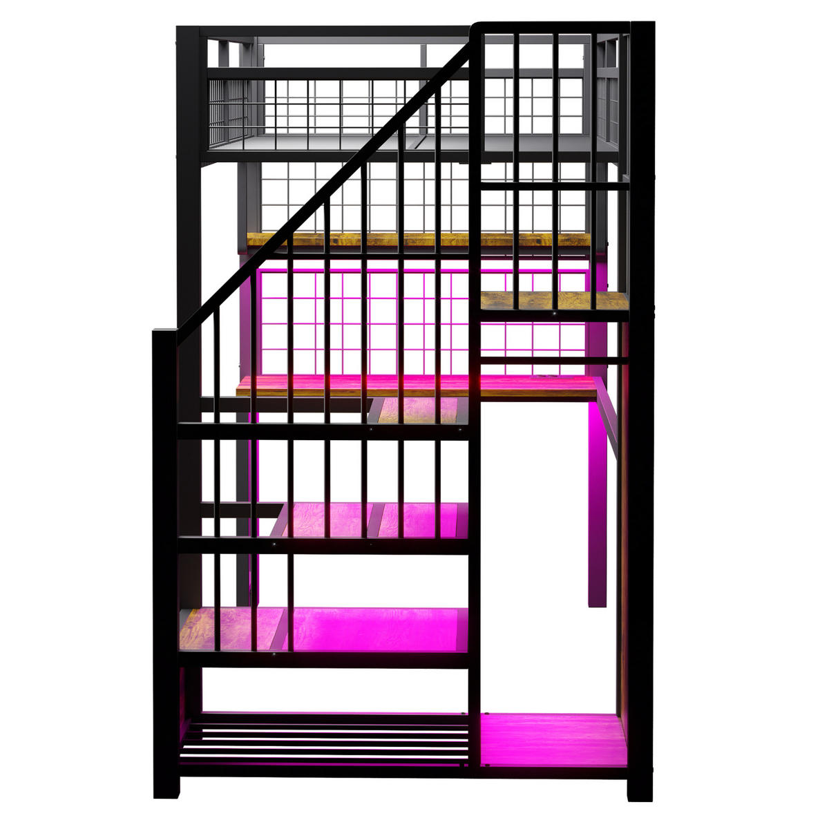 HOCHBETT 90/200 cm mit Schreibtisch, Lichtleiste, Steckdosen, Stauraumtreppe und Kleiderschrank, Metall, Schwarz - Schwarz, Metall (90/200cm) - Redom
