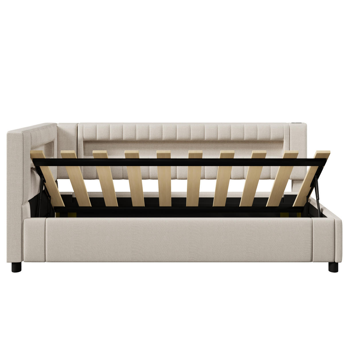 POLSTERBETT aus Leinen 90x200 cm in Beige mit LED & hydraulischem Stauraum - Beige, Textil (90/200cm) - Modfu