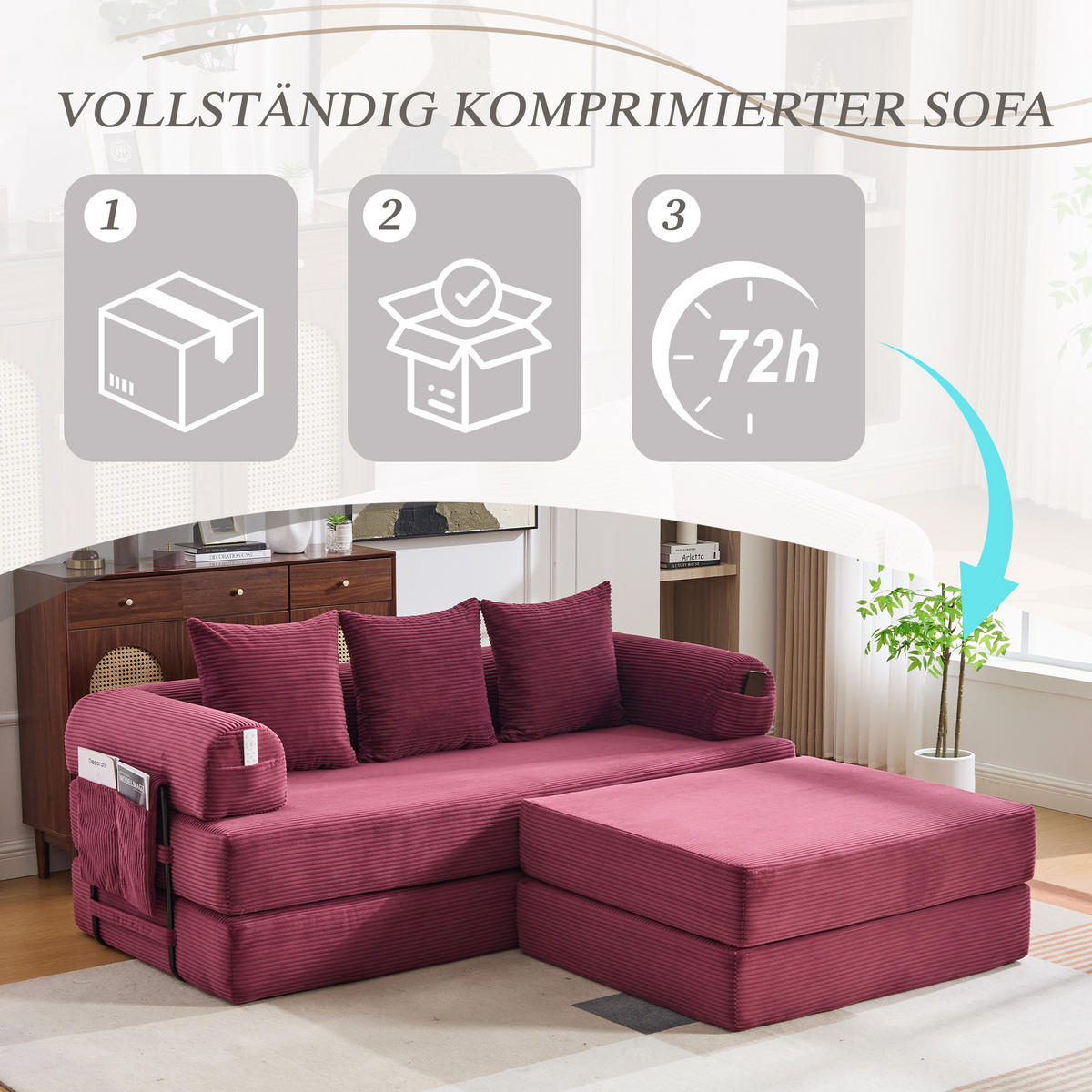 ECKSOFA Cord Weinrot mit Hocker und Kissen - Weinrot, Textil/Metall (218/285cm) - WISHDOR