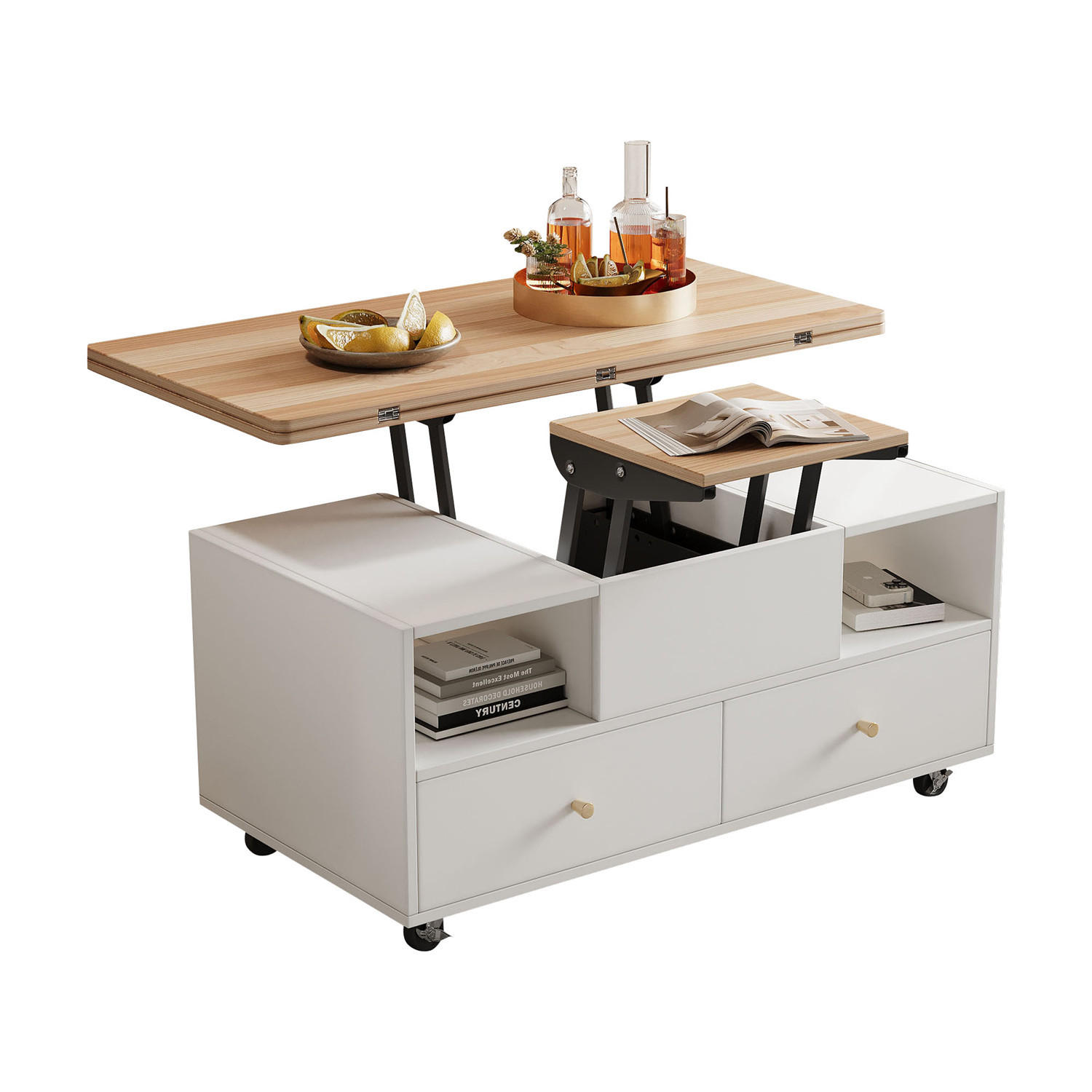 COUCHTISCH klappbar 4 Schubladen Rollen 100/50/47,5 cm - Weiß, Holz (100/50/62cm) - Kaket