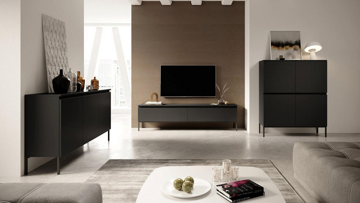 HIGHBOARD Bemmi Schwarz mit schwarzen Beinen 4-türig 100 cm - Schwarz, Holzwerkstoff/Metall (100/122/35cm) - Selsey