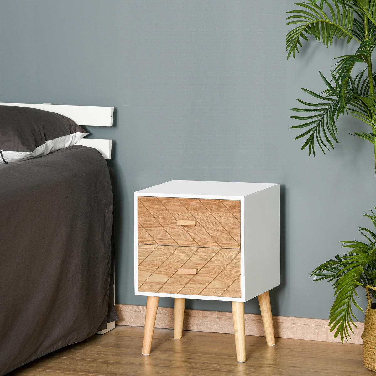 NACHTTISCH Weiß und Natur MDF und Holz mit 2 Schubladen 1er-Set - Weiß, Holz (40/55.5/30cm) - PANGIVO