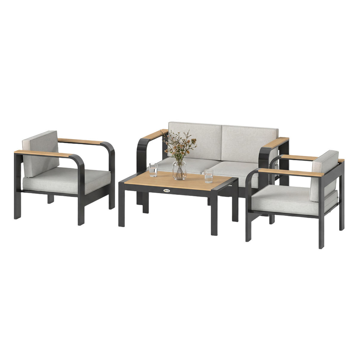 GARTENMÖBEL SET DE-06603, mit 2er Sofa, 2 Sessel, Beistelltisch - Beige, Textil/Metall - ComfortXL