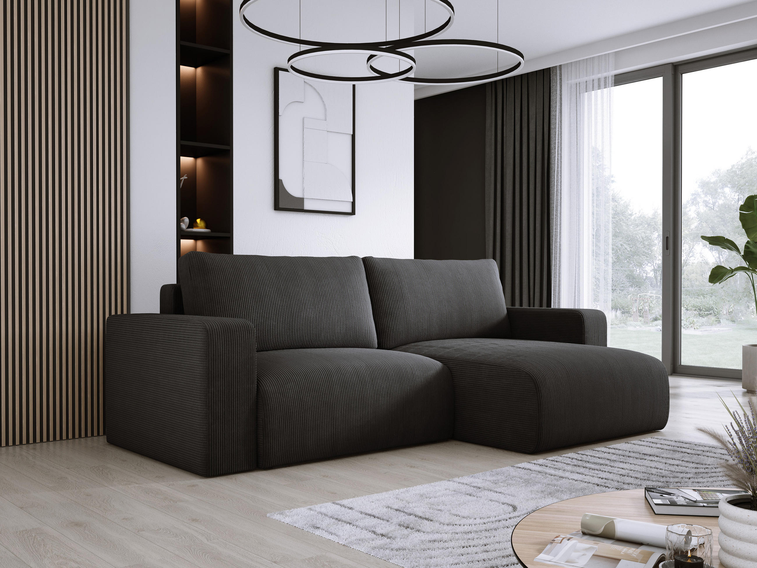 ECKSOFA Carl L-förmig Schlaffunktion und Bettkasten weicher Cordstoff flexibel stellbar lose Rückenkissen freistehend RECHTS 247x143x83cm Black - Schwarz, Holz/Textil (247/143cm) - DomoHome