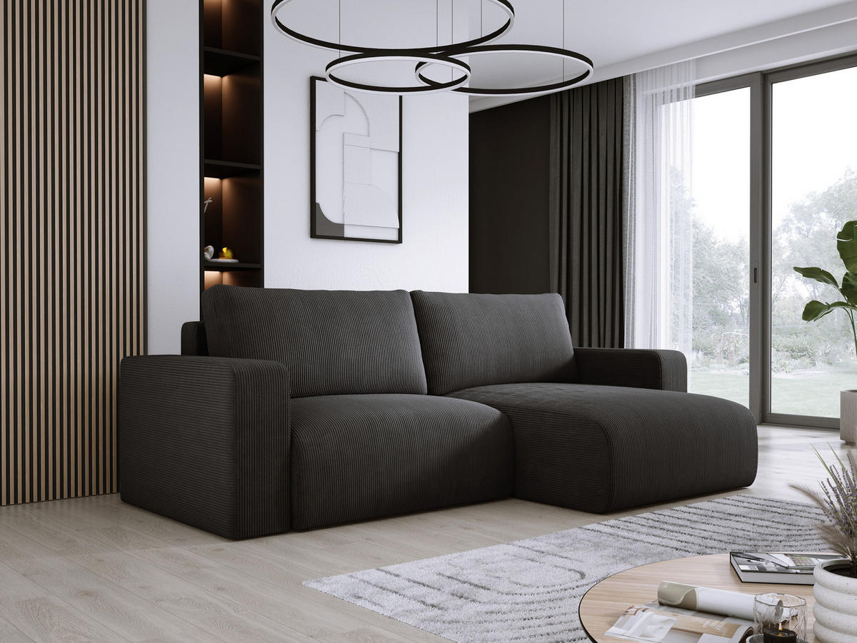 ECKSOFA Carl L-förmig Schlaffunktion und Bettkasten weicher Cordstoff flexibel stellbar lose Rückenkissen freistehend RECHTS 247x143x83cm Black - Schwarz, Holz/Textil (247/143cm) - DomoHome